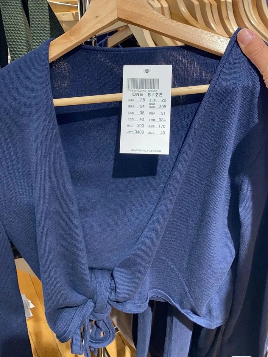 New Navy Lace-up Knitted Long Sleeve T-shirt Cardigan Women Autumn V-neck Casual Smock Wrap Tees American Vintage Crop Tops Y2K
