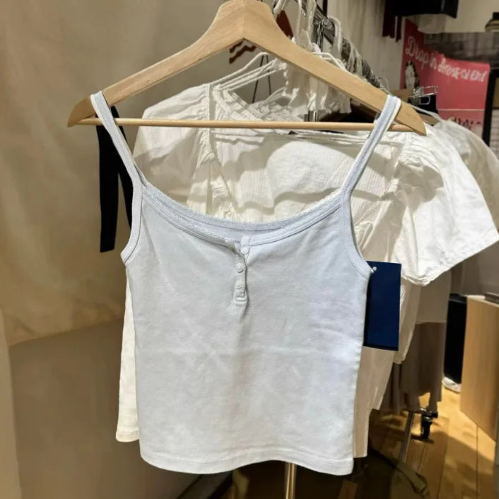 Sweet Bow Lace Trim Blue Slim Tank Top Women Summer New Sweatwear Sleeveless Cotton Slim Camis Casual Cute Simple Vest Tops Y2K