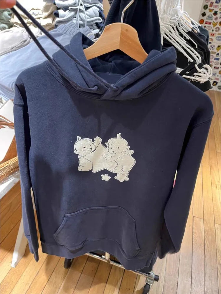 Angel Star Print Hoodie Women Autumn Pocket Long Sleeve Pull Sweatshirts Sweet Preppy Style Cute Oversized Hoodies Tops Y2K New