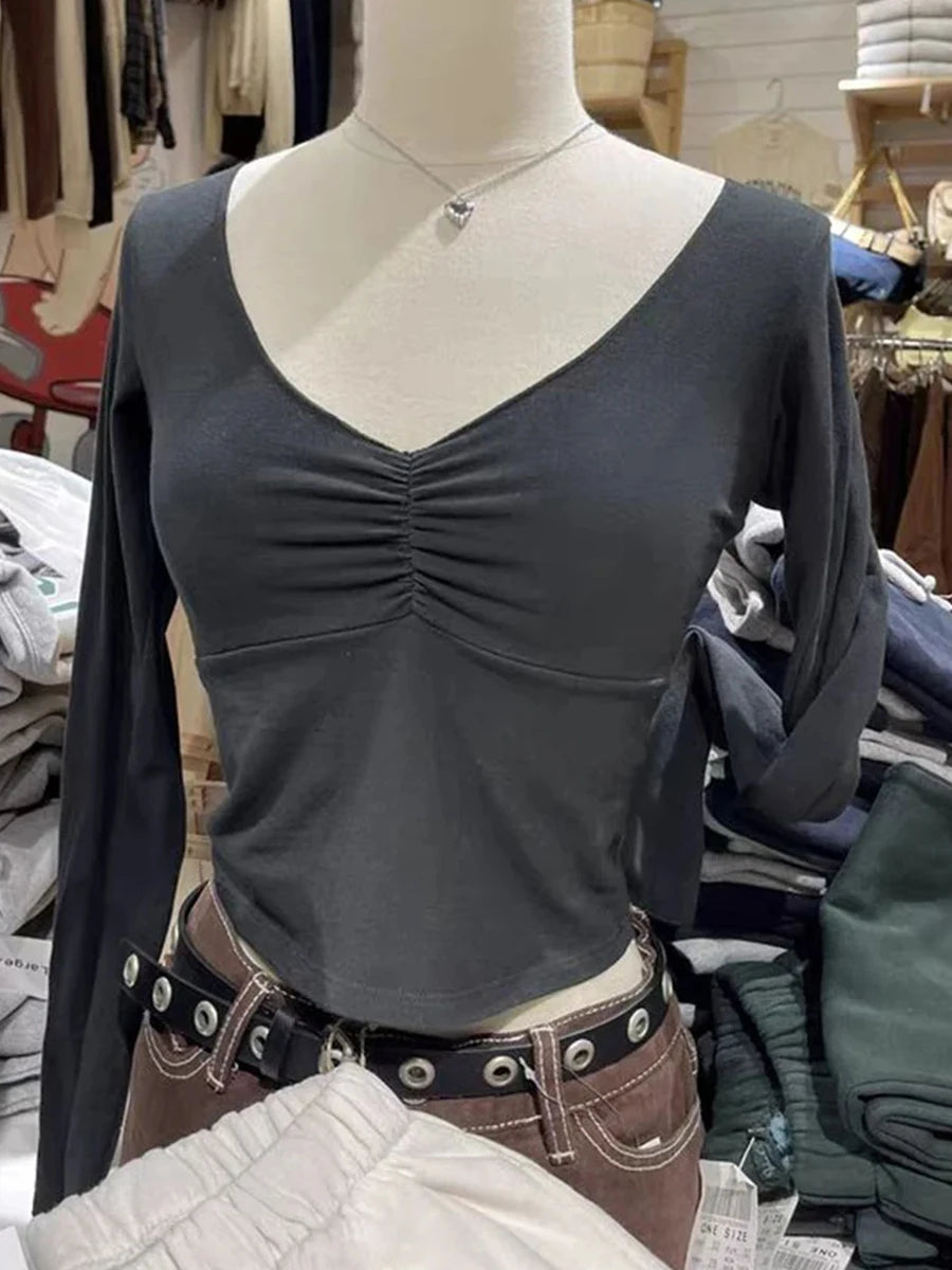 Sweet Gray Folds V-neck Slim Long Sleeve Tees Women Spring New Cotton Soft Simple Basic Crop Tops Vintage Cute Chic T-shirts Y2K
