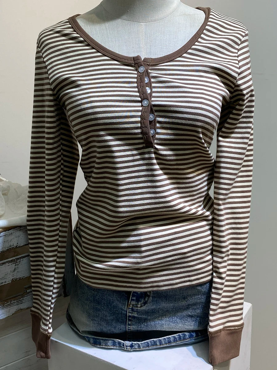 Autumn Red Striped Patchwork Long Sleeve Tees Women Casual Chic Cotton Buttons T-shirt Sweet Preppy Style Slim Tshirt Y2K Tops