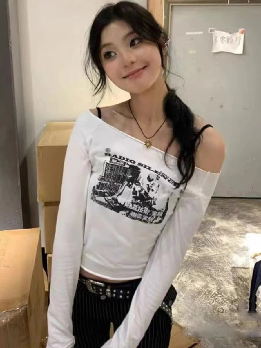 Letter Print SexySlash Neck Long Sleeve Tees Women Cotton Slim Raw Hem Streetwear Casual Tops Vintage Simple Chic Y2K T-shirts