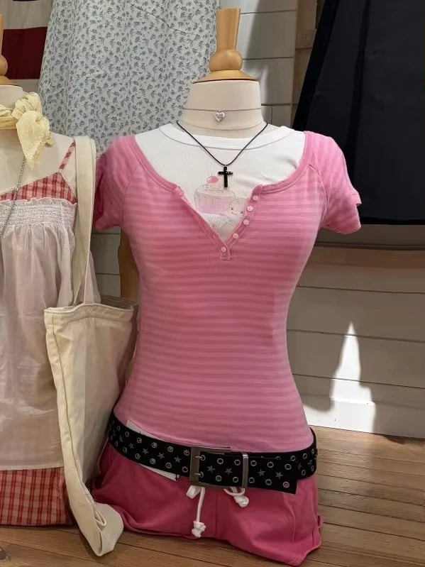 Pink Striped Buttons T-shirts Women Summer Cotton O-neck Casual Simple Short Sleeve Tees Sweet Cute Preppy Style Tshirt Y2K Top