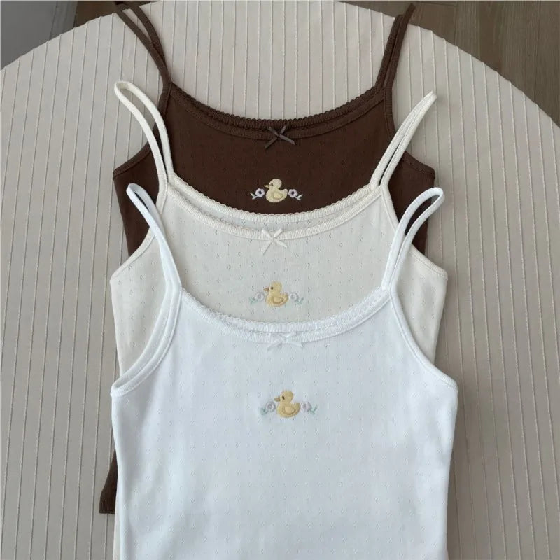 Cute Little Duck Embroidery Tank Tops Women Summer New Casual Slim Bow Sleeveless Vests Sweet Preppy Style Camisole Y2K Clothes