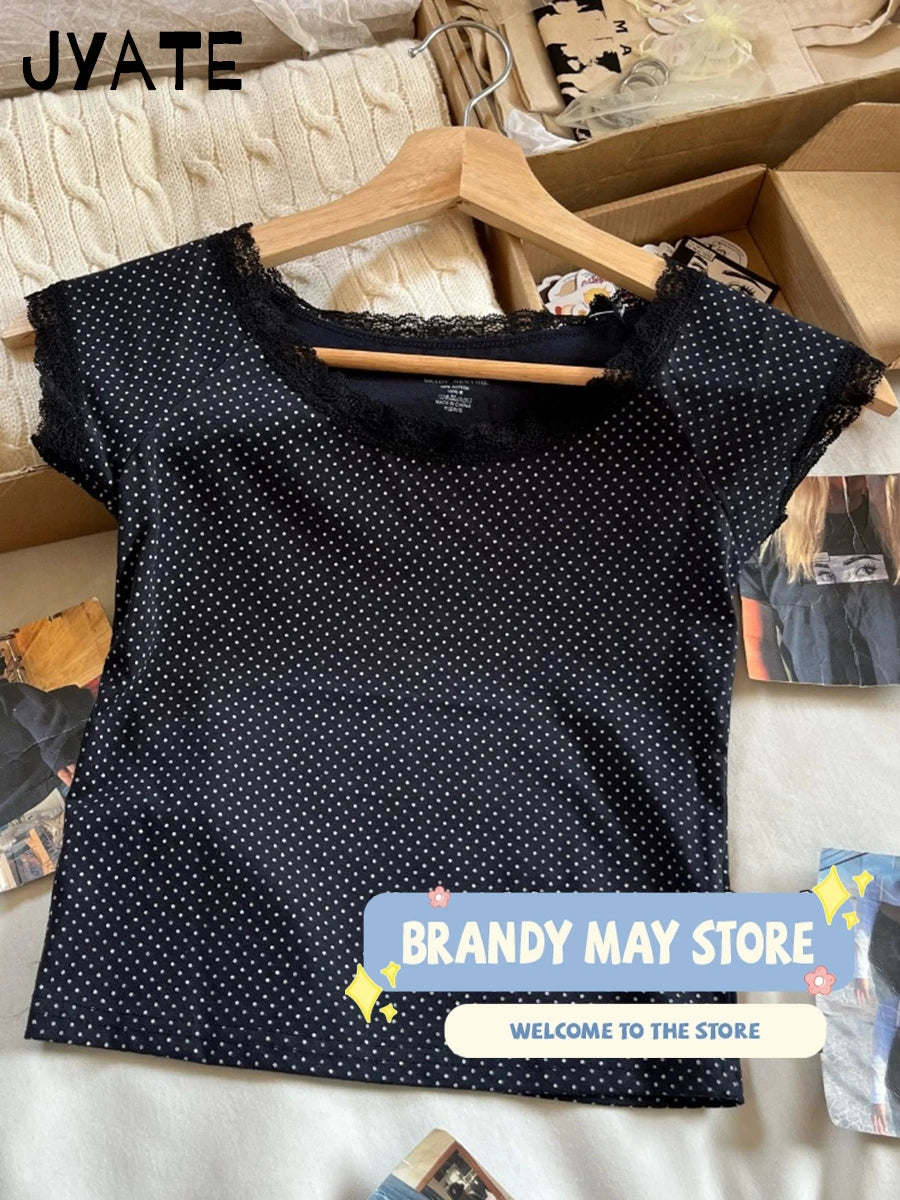 Retro Letter Print T-shirts Women New Casual Cotton Navy Slash Neck Lace Trim Tee Clothes Vintage Sweet Preppy Style TShirt Tops