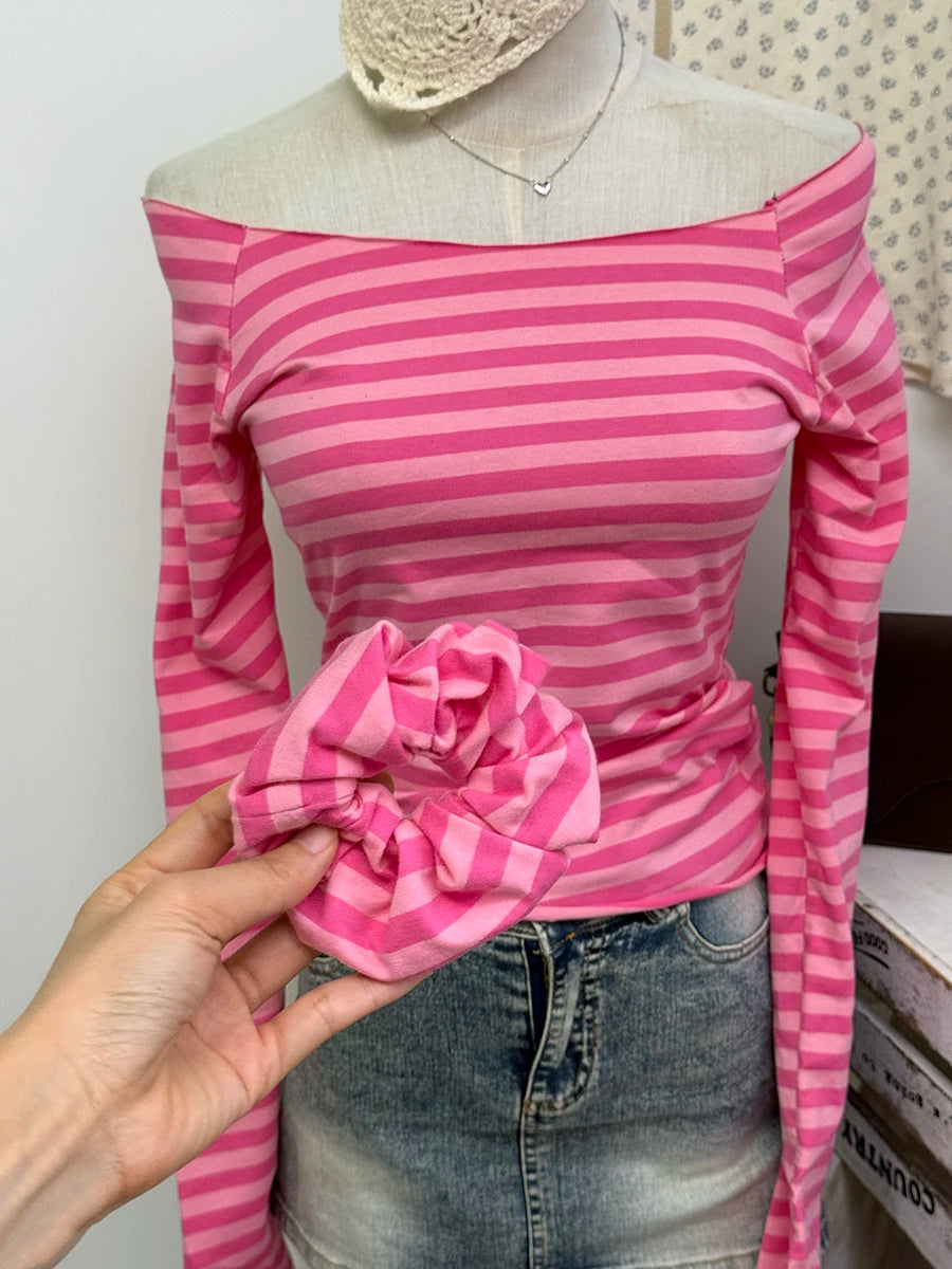 Rose Pink Striped Raw Hem Long Sleeve Tees Women Autumn New Casual Cotton Slim Scoop Neck Crop Tops Sweet Vintage Cute T-shirts