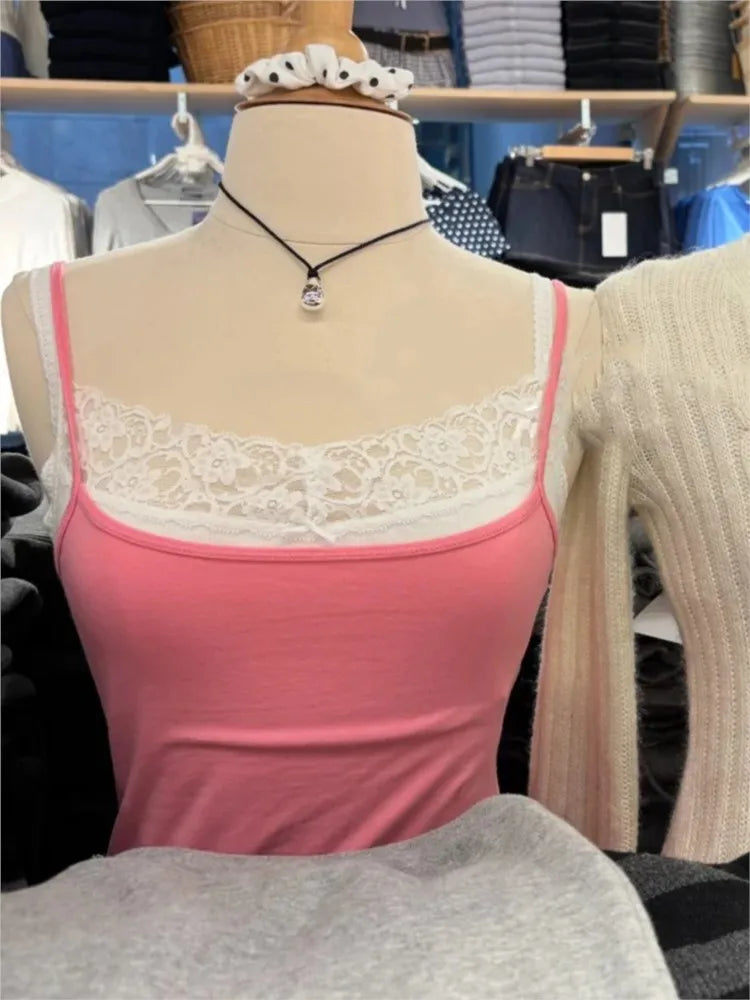 Cute Pink Slim Crop Top Women Summer Simple Cotton Basic Tank Tops Casual Preppy Style Sweet All-match Cropped Camisole