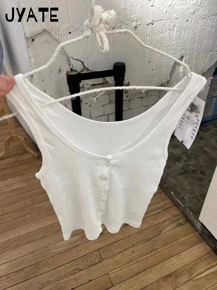 White Lace Trim Slim Crop Top Women Summer Casual Single Breasted U Collar Cotton Cropped Vest Simple Basic Chic Tank Tops Y2K