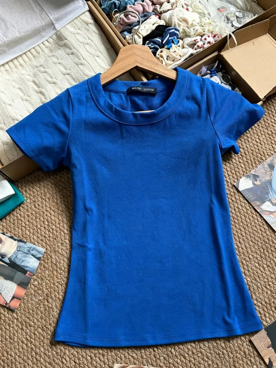 Light Blue Slim Basic T-shirts Woman Summer O-neck Short Sleeve Cotton Tee Shirts Solid Simple Casual All-match Tshirt Tops