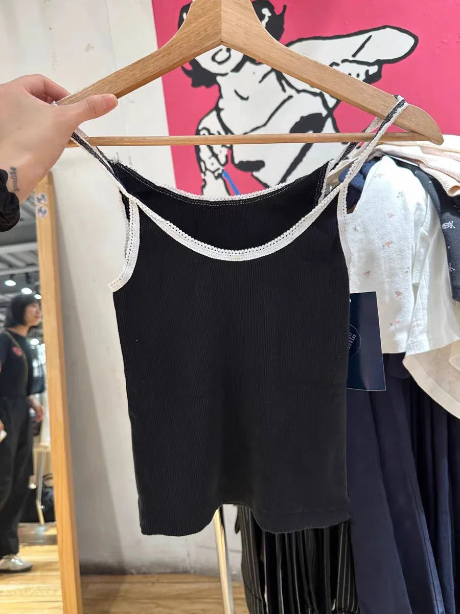 New Vintage Lace Trim Black Slim Tank Tops Women Summer Sleeveless Soft Cotton Camisole Streetwear Sweet Chic Crop Top Y2k Vests