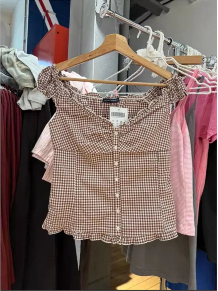 Retro Plaid Slim T-shirts Blouse Women Ruffles Single Breasted V-neck Short Puff Sleeve Shirt Vintage Preppy Style Sweet Tops