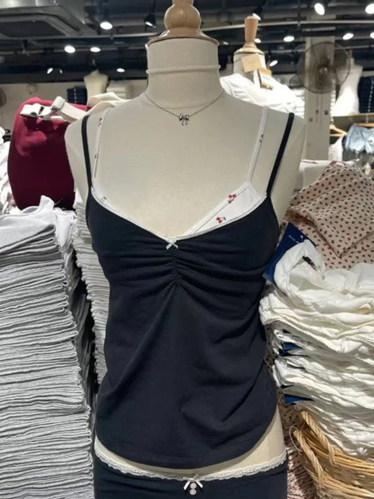 Folds V-neck Bow Black Tank Tops Women Summer Lace Trim Cotton Sleeveless Slim Cropped Camisole Vintage Sweet Crop Top