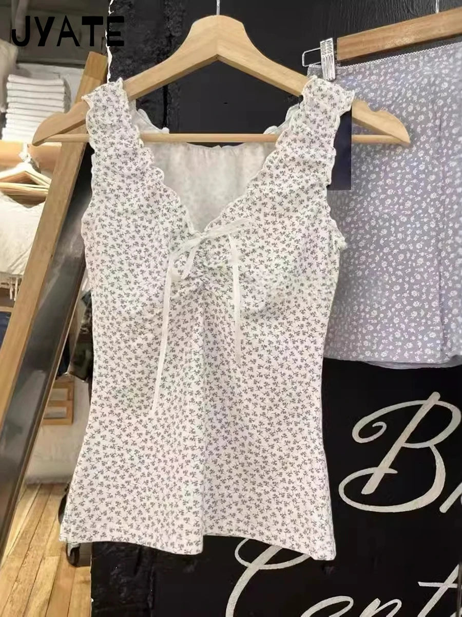 Cute Pink Fungus Trim Slim Tank Tops Women Summer Sleeveless Sexy Bow V-neck Cotton Crop Top Femme Simple Sweet Cute Vests Y2K