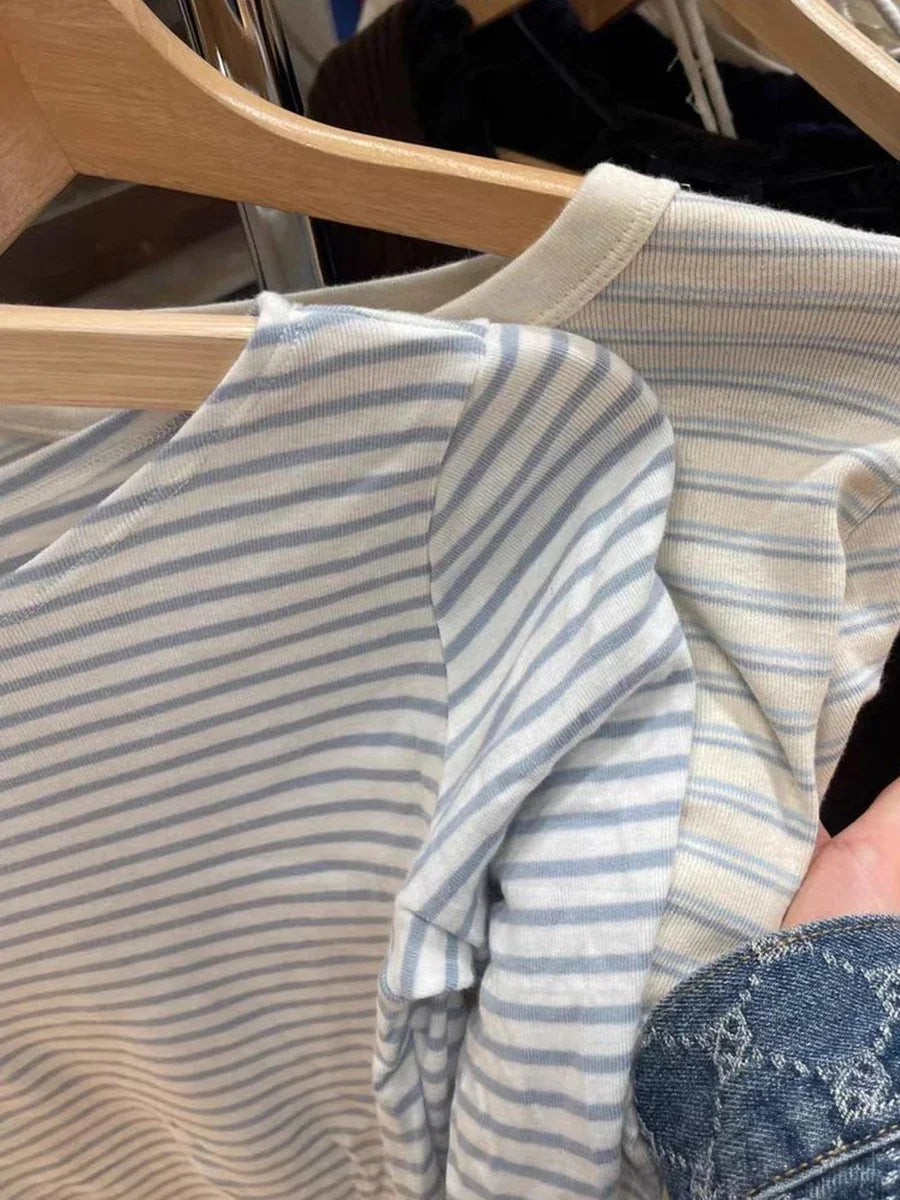American Vintage Striped Long Sleeve T-shirt Women Autumn O-Neck Soft Cotton Tee Shirt Casual  Streetwear Sweet Y2k Tshirts New