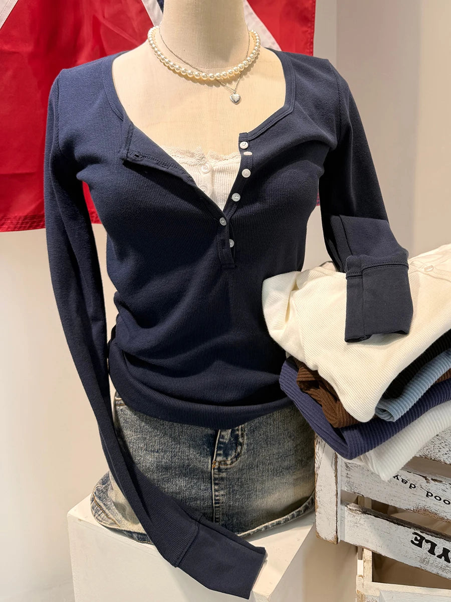 Electric Blue Patchwork Long Sleeve Tee Women Autumn Simple Basic Buttons O-neck Cotton Ribbed Tshirt Sweet Cute Casual T-shirts