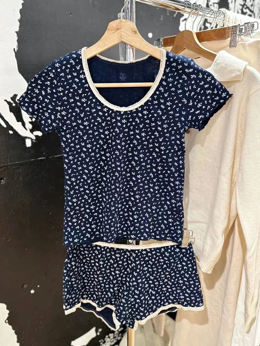 Vintage Floral Print Blue Lace Trim T-shirts Women Summer Waffle Casual Short Sleeve Tee Female Cute Sweet Chic Tops Y2K Clothes
