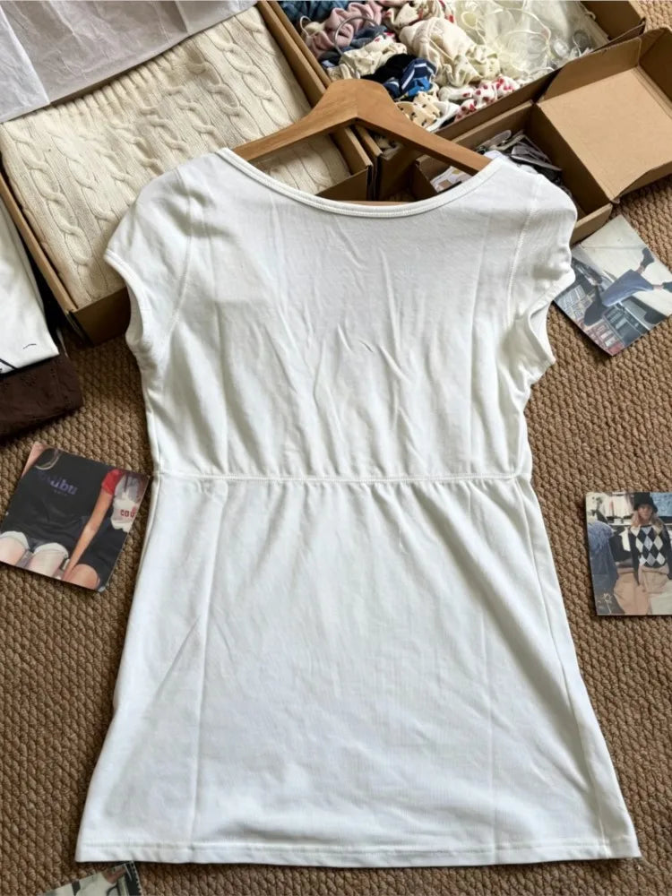 White V-neck Buttons T-shirts Women Simple All-match Casual Cotton Slim Short Sleeve Tee Sweet Cute Preppy Style Tshirt Y2K Tops