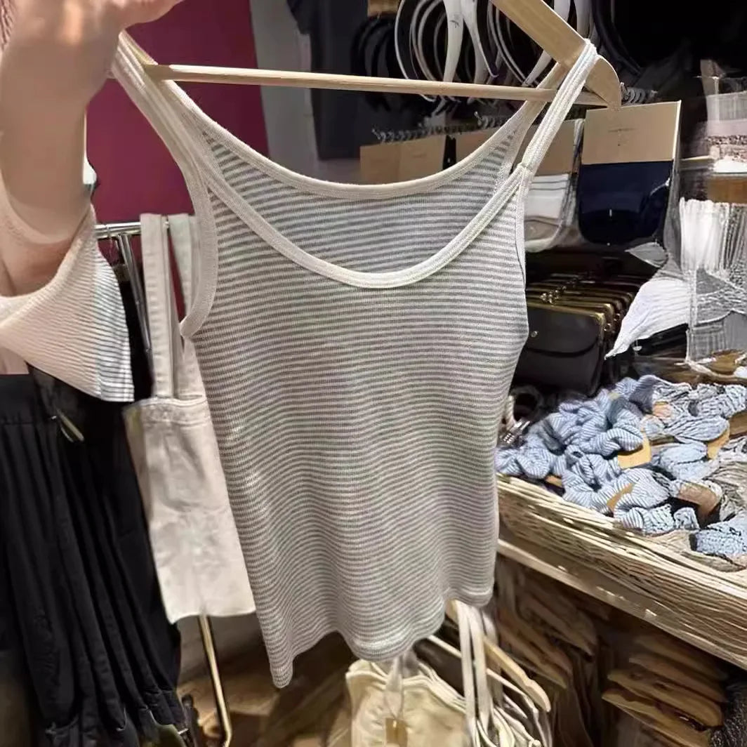 American Blue Striped Hollow Out Tank Tops Women Summer New Cotton Bow Lace Trim Sleeveless Vests Sweet Cute Vintage Camis Y2K