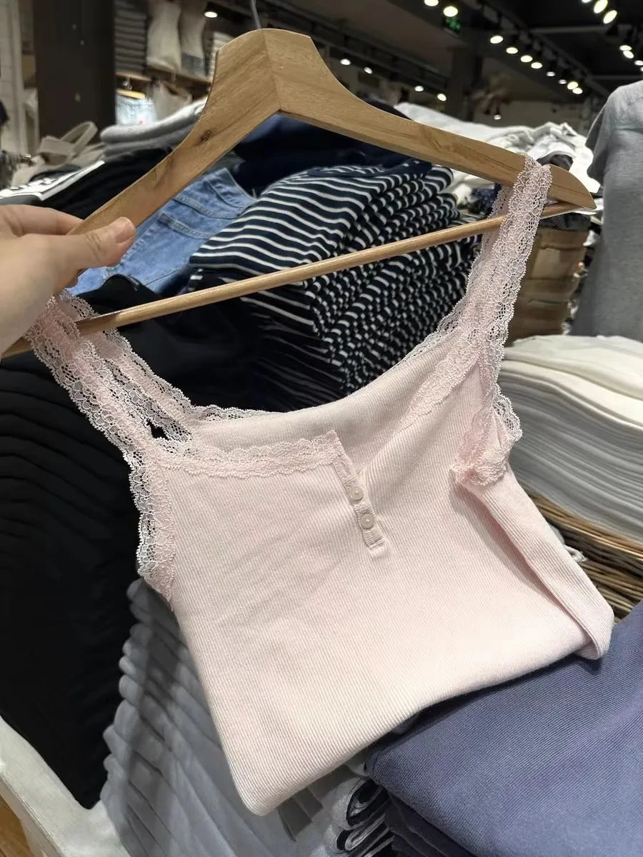 Sweet Pink Lace Trim Ribbed Camisole Women New Casual Cotton Buttons Slim Sleeveless Vest All-match Simple Cropped Tank Tops Y2K