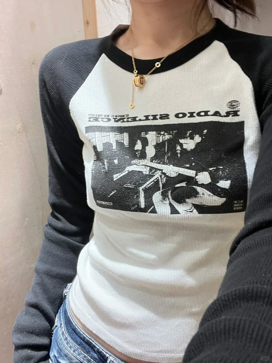 American Rock Graphic Long Sleeve T-shirts Women Autumn New Vintage Print Cotton Ribbed T Shirt Female Retro Chic Slim Y2k Tops
