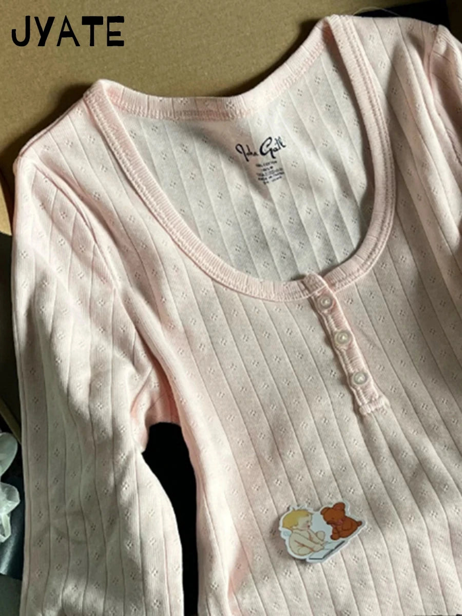 Sweet Pink Hollow Out Long Sleeve Tees Women Summer O-neck Buttons Cotton Slim Sexy Tops Female Cute Vintage Chic Y2K T-shirts