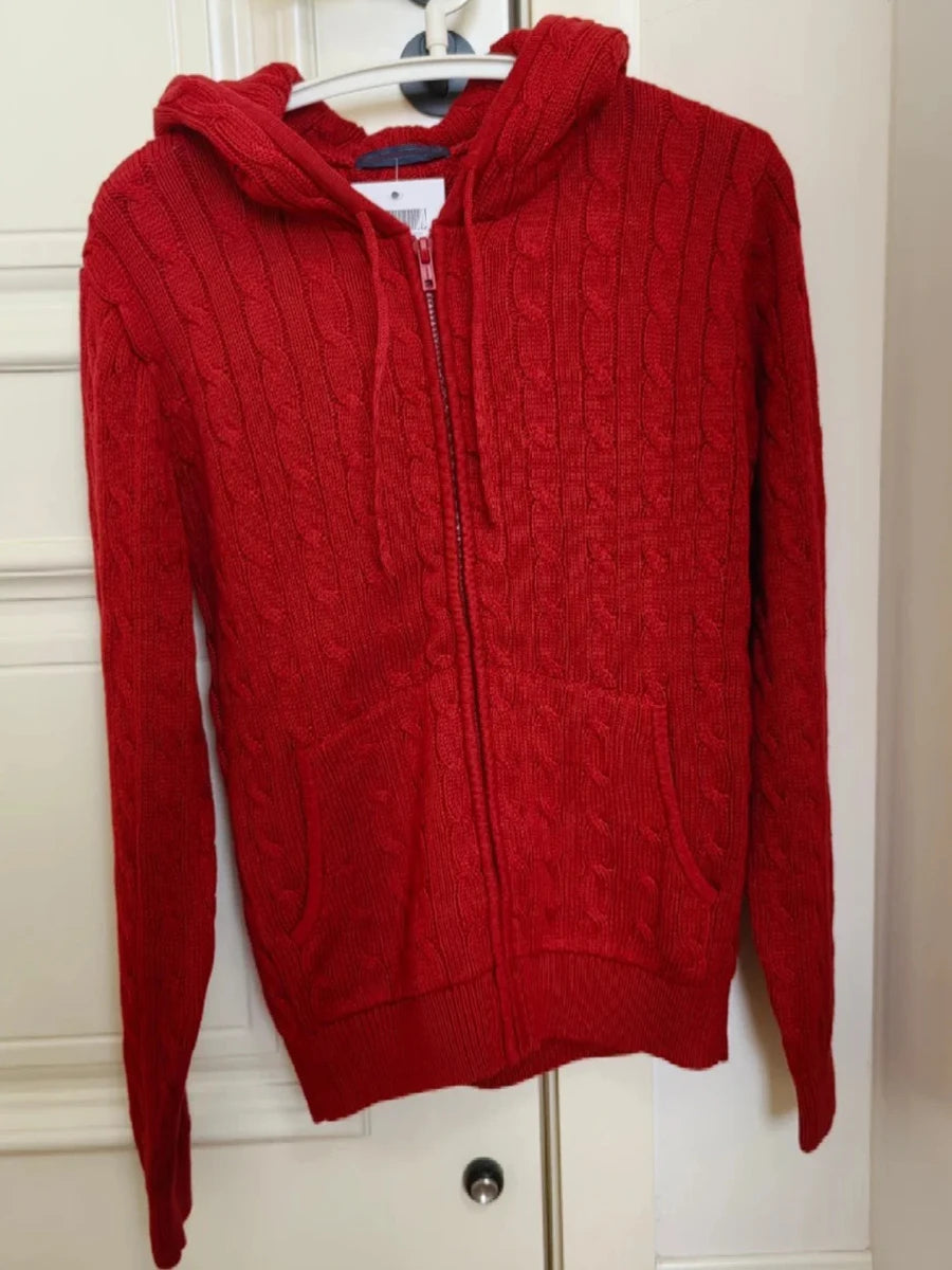 OOTD Red Twisted Flower Hooded Zipper Coat Women Fall Winter Long Sleeve Pocket Knit Cardigan Sweater Vintage Chic Knitwear