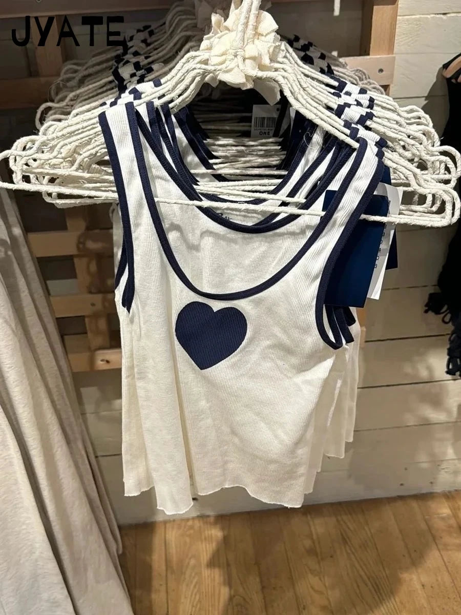Heart White U Collar Cotton Tank Tops Women Summer New Ribbed Slim Sexy Raw Hem Sleeveless Vests Vintage Chic Harajuku Crop Top
