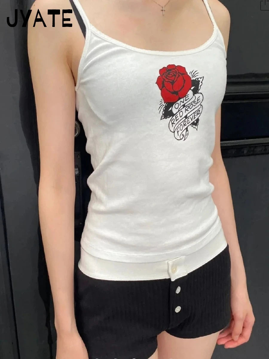 Sweet Rose Print Cotton Soft Tank Tops Women Summer New Casual Streetwear Sleeveless Slim Vests Vintage Chic Cute Camisole Y2K