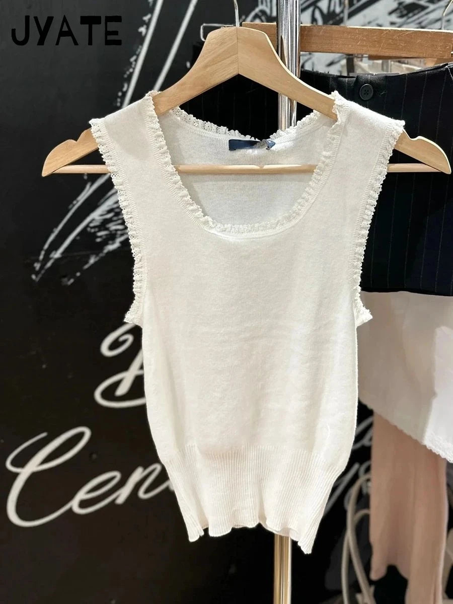 Sweet White Fungus Trim Knitted Tank Tops Women Cotton Soft Round Neck Slim Sleeveless Vests Vintage Simple Casual Crop Top Y2K