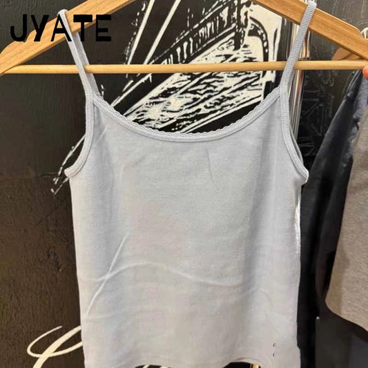 New Sweet Blue Slim Sleeveless Vest Women Summer Cotton Soft Streetwear Basic Lace Trim Tank Tops Vintage Chic Cute T-shirts Y2K