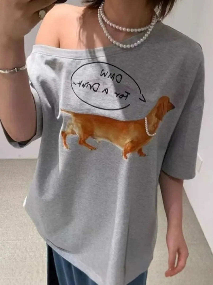 Gray Puppy With Pearl T-shirts Women Summer Slash Neck Sexy Cotton Slim Short Sleeve Tee Cute Sweet Animal Tshirt Y2K Crop Tops