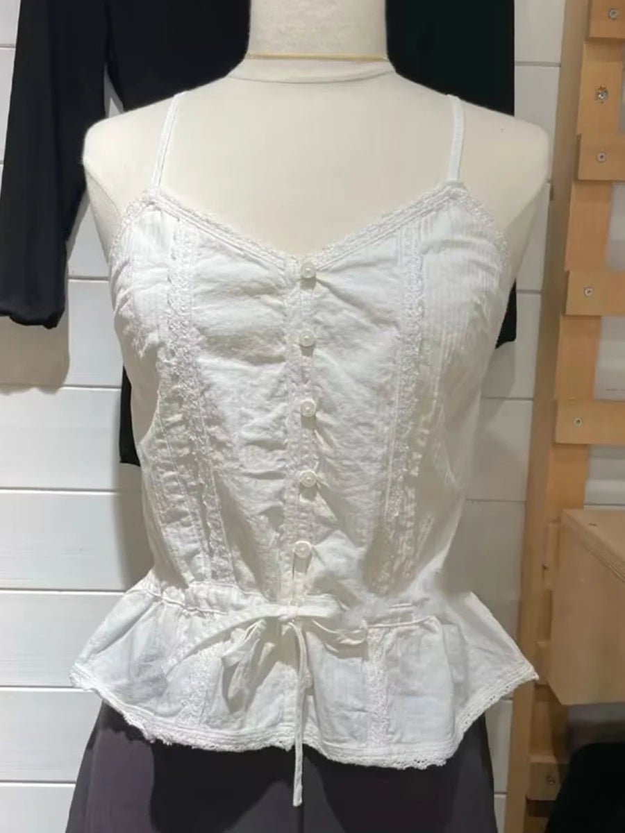 Fashion Lace-up Bow Cotton Tank Tops Women Summer White V-neck Casual Lace Patchwork Sleeveless Vests Vintage Sweet Cute Camis