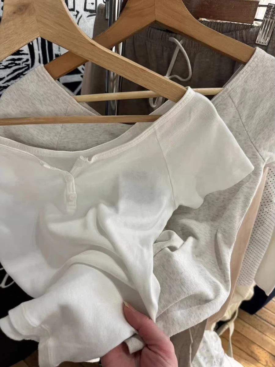 Buttons T-shirt Woman Cotton Simple Basic Scoop Neck Short Raglan Sleeve Slim Tee Shirt Cute Casual All-match Crop Top Y2k
