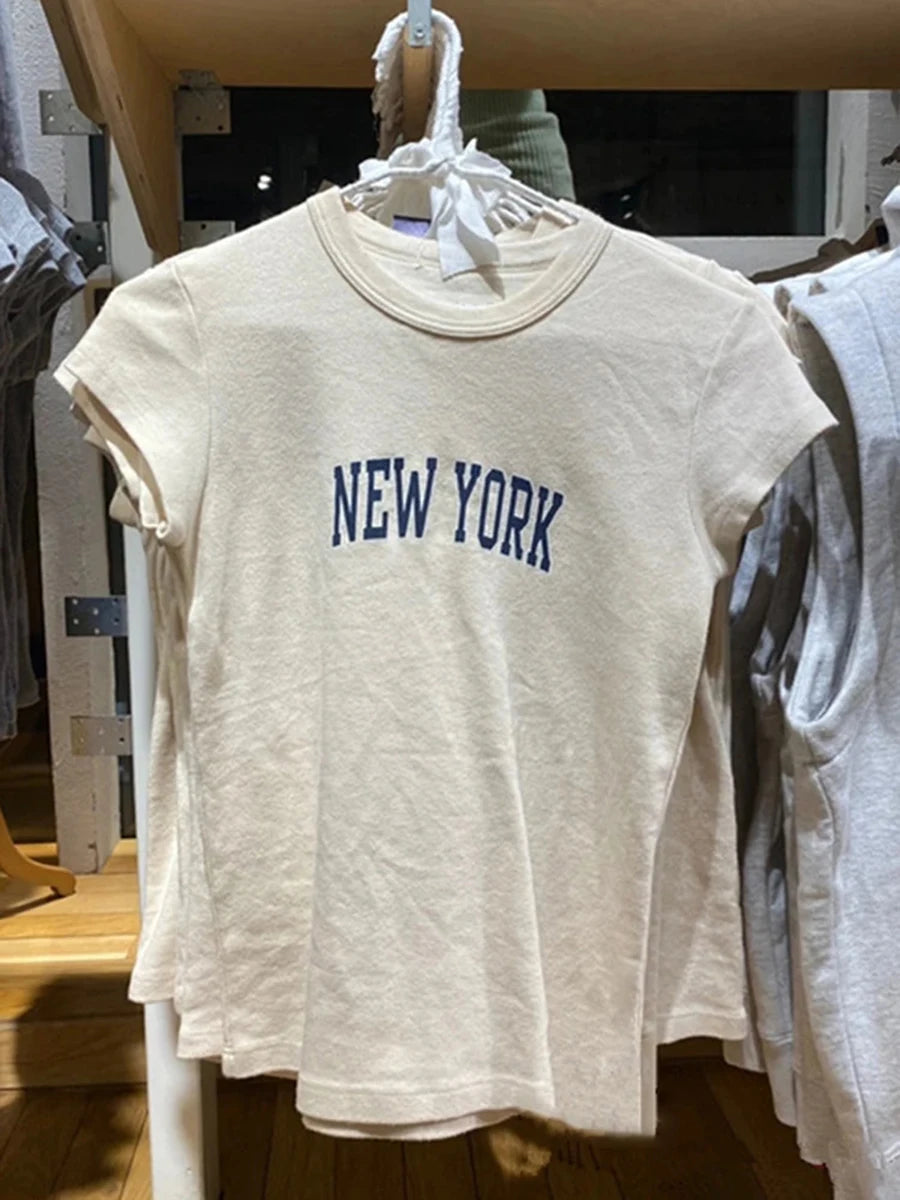 Fashion Letter Print Short Sleeve Tee Women New Casual O-neck Solid Streetwear Retro T-shirts Harajuku Vintage Chic Y2K Crop Top