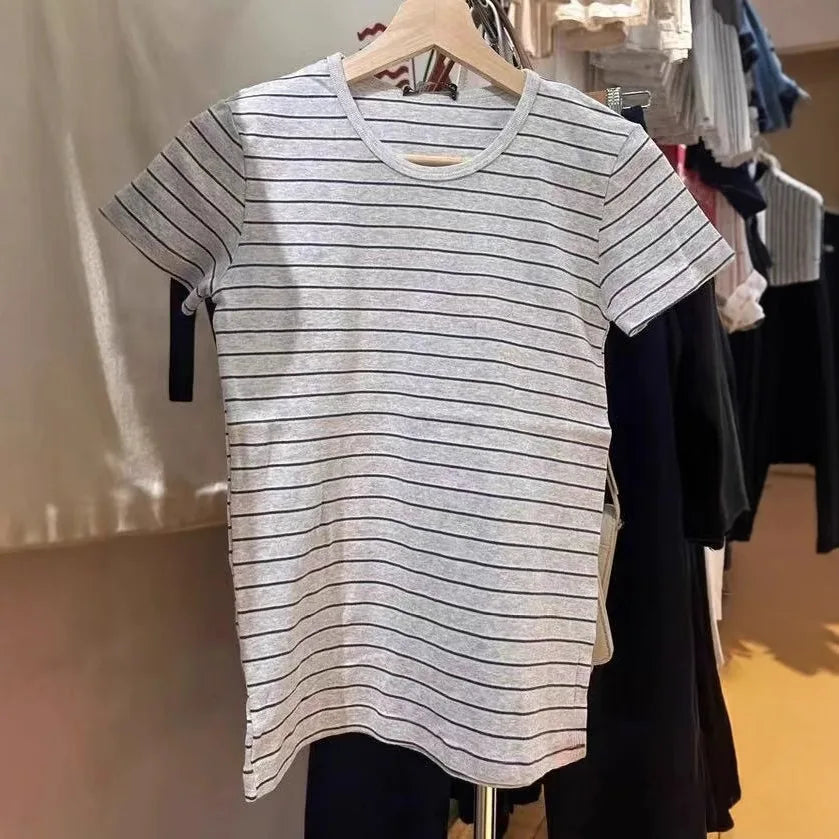 Vintage Striped Slim T-shirt Women Spring New Round Neck Cotton Short Sleeve Tee Shirts Female Cute Preppy Style Y2K T shirts