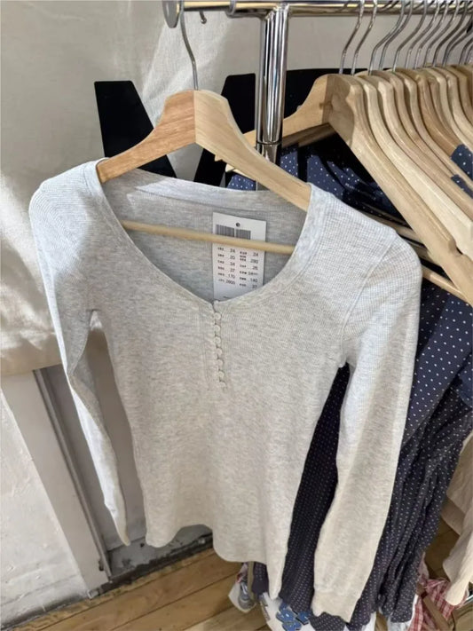 Waffle Button Gray Long Sleeve Tee Women Autumn Cotton Buttons Slim TShirt Zelly Tops Shoujo Clothes Simple Basic Sweet T-shirts