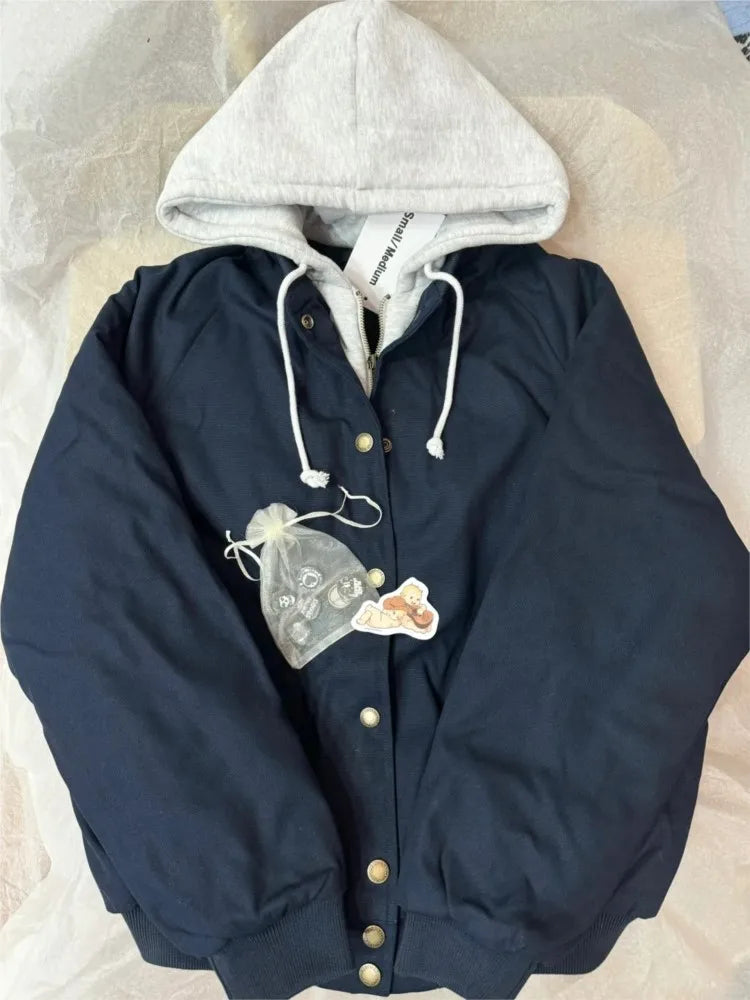Vintage Fake Two Piece Loose Hoodie Jacket Women New Cotton Thick Warm Drawstring Coat Top Fashion Streetwear Chic Outerwear Y2K