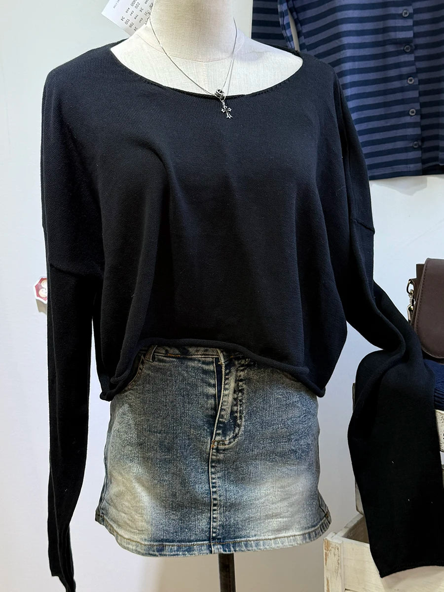 Fashion Navy Blue Cotton Knit T-shirts Women Spring Casual Streetwear Basic Raw Hem Long Sleeve Tee Female Vintage Chic Y2K Tops