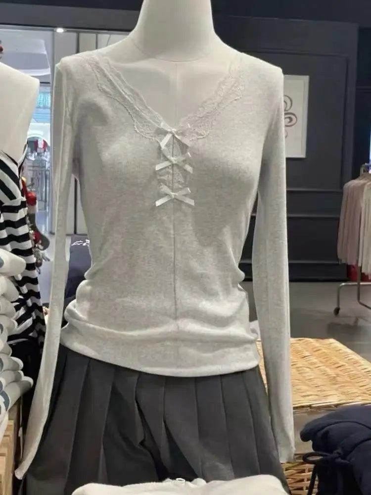 Lace Trim T-shirts Women Spring Cotton Casual Simple Basic Lace Trim Long Sleeve Tees Sweet Cute Preppy Style Tshirt Y2K