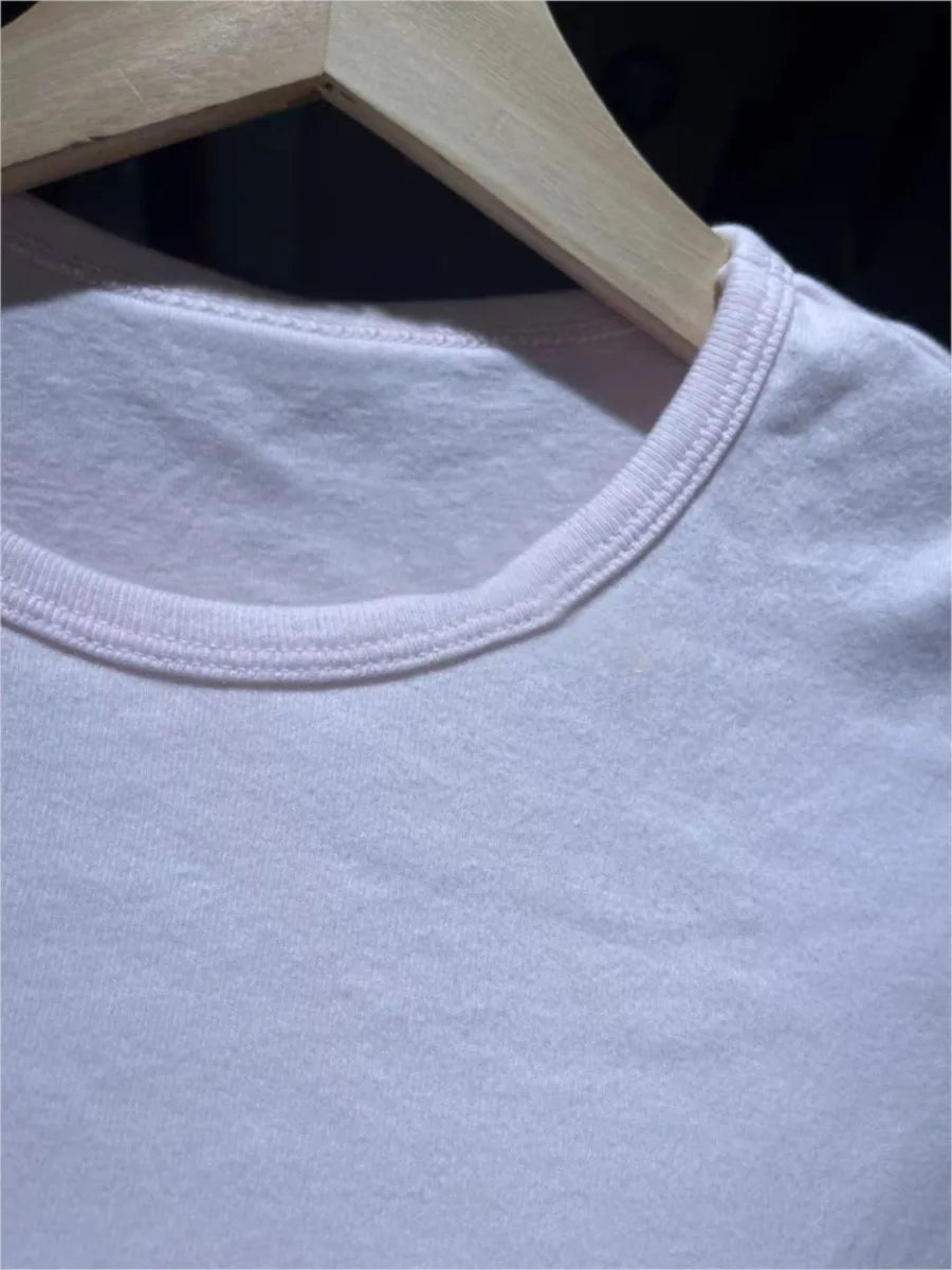 Light Pink Slim T-shirt Women Summer New Round Neck Short Sleeve Cotton Tee Tops Casual Sweet Cute Simple Basic Tshirt Top Y2K
