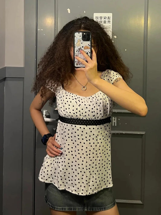 White Polka Dot Babydoll Top Women Summer New Casual Slim Lace-up Square Collar Tee Tops Sweet Vintage Preppy Style T-shirts Y2K