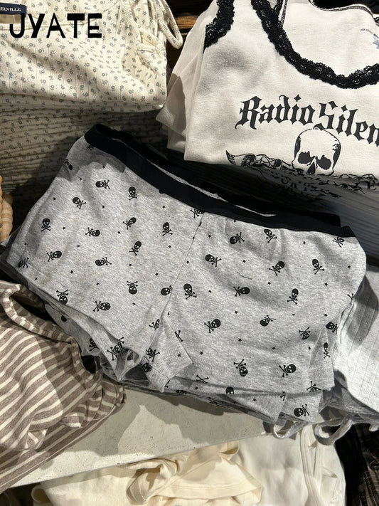 Harajuku Skull Print Patchwork Short Pants Women New Cotton Casual Slim Pajama Home Underwear Vintage Preppy Style Shorts Y2K