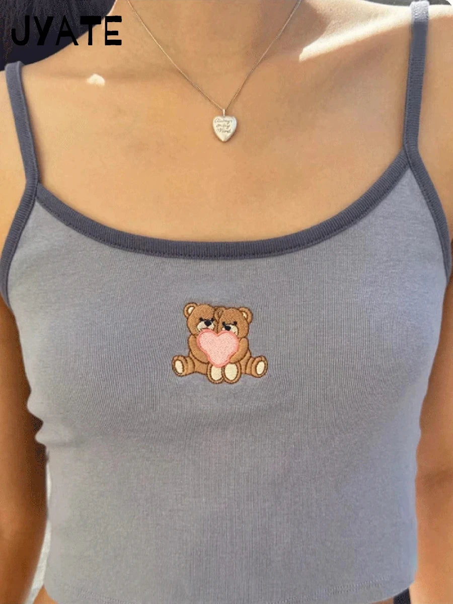 Little Bear Embroidery Blue Patchwork Camisole Women New Preppy Style Casual Slim Sleeveless Vests Vintage Sweet Cute Tank Tops