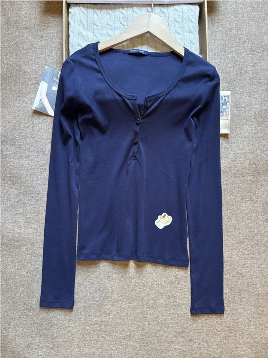 Vintage Navy Long Sleeve Tee Women Autumn New Cute Casual Six Buttons O-Neck Cotton Slim Tops Fashion Chic Streetwear Tshirt Y2K