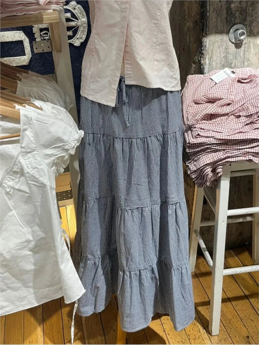 Plaid Ruffles Loose Maxi Skirts Women New Casual Elastic High Waist A-line Falda Fairycore Preppy Style Vintage Long Skirt Y2K