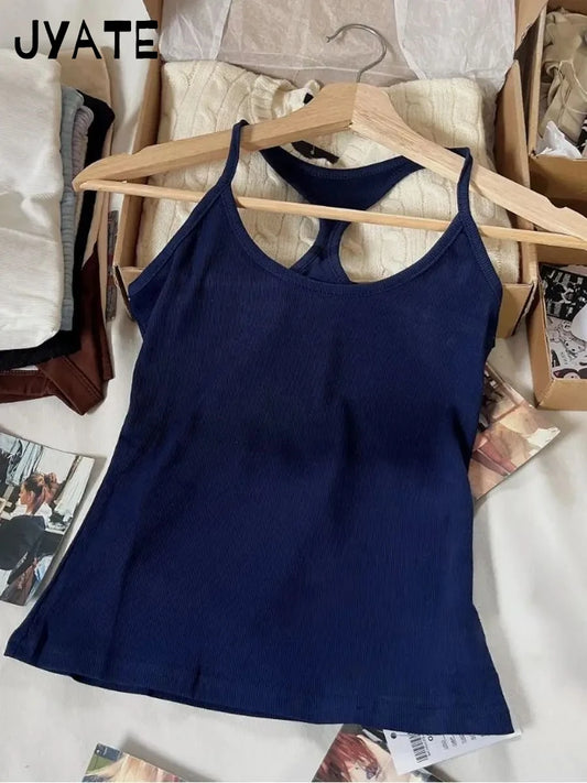 Harajuku Navy Blue Ribbed U-neck Tank Tops Women New Cotton Basic Backless Sleeveless Vests Simple Vintage American Crop Top Y2K