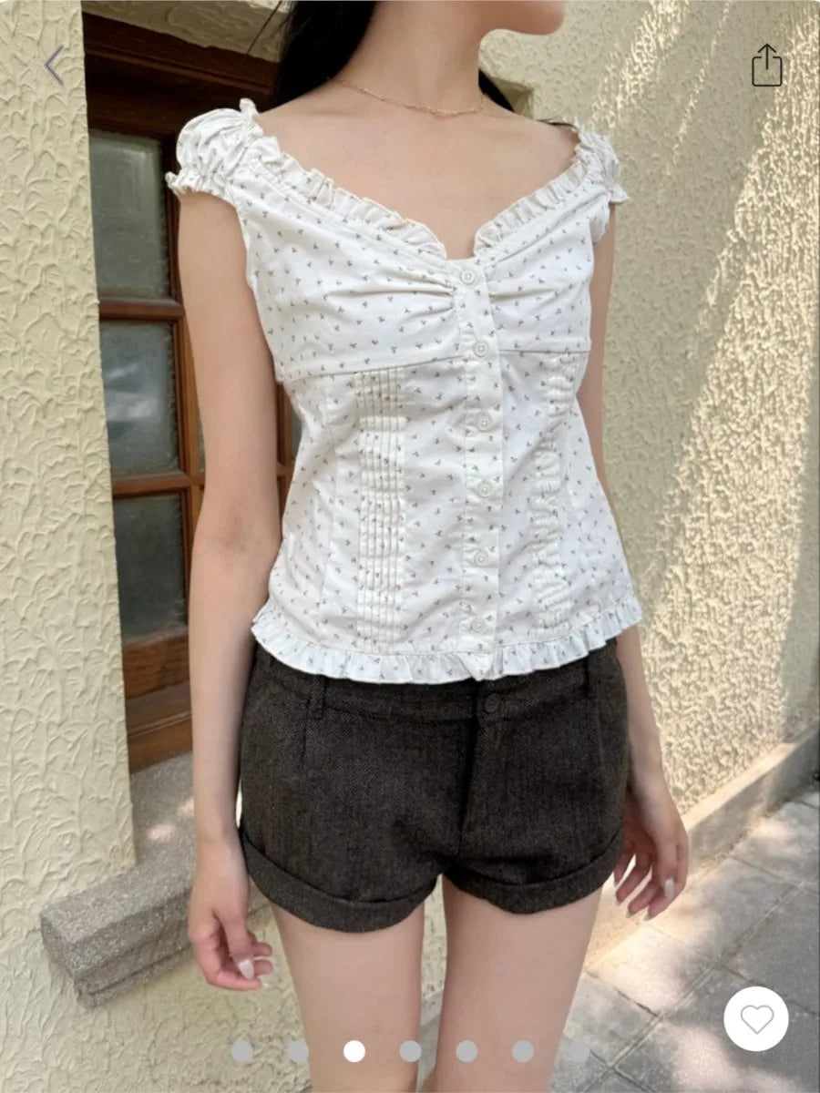 Red Floral Folds Buttons Blouse Vests Women New Casual Single Breasted Ruffle Sleeveless Tank Tops Sweet Cute Elegant Camis OOTD