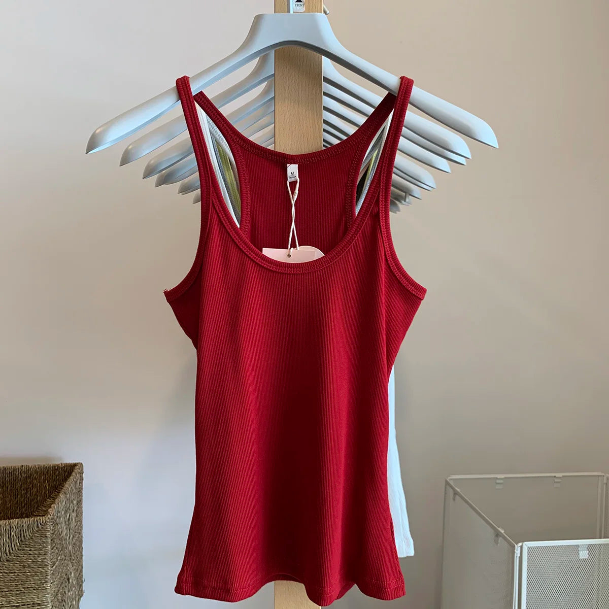 Vintage Solid Ribbed U-neck Tank Tops Women Summer New Streetwear Basic Sleeveless Vests Sweet All-matchCasual Slim  Camisole