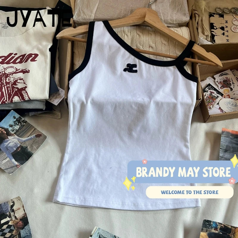 Harajuku Irregular Slant Collar Tank Tops Women Summer Casual Cotton Patchwork Slim Cropped Vests Vintage Chic Y2K Camisole Y2K