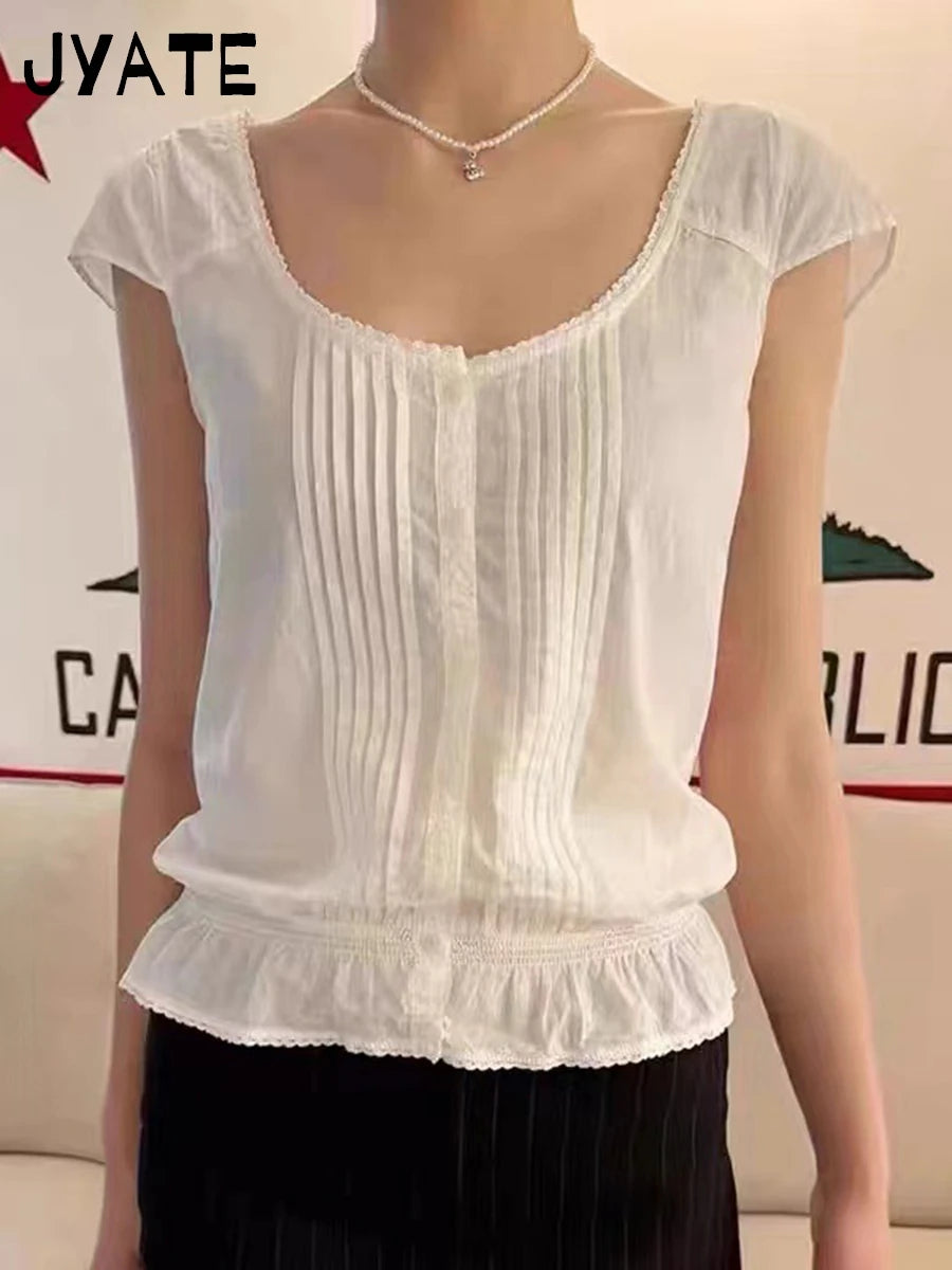 White Folds Buttons Short Sleeve Tees Women New Casual U-neck Lace Trim Streetwear Shirt Tops Sweet Chic Preppy Style T-shirts